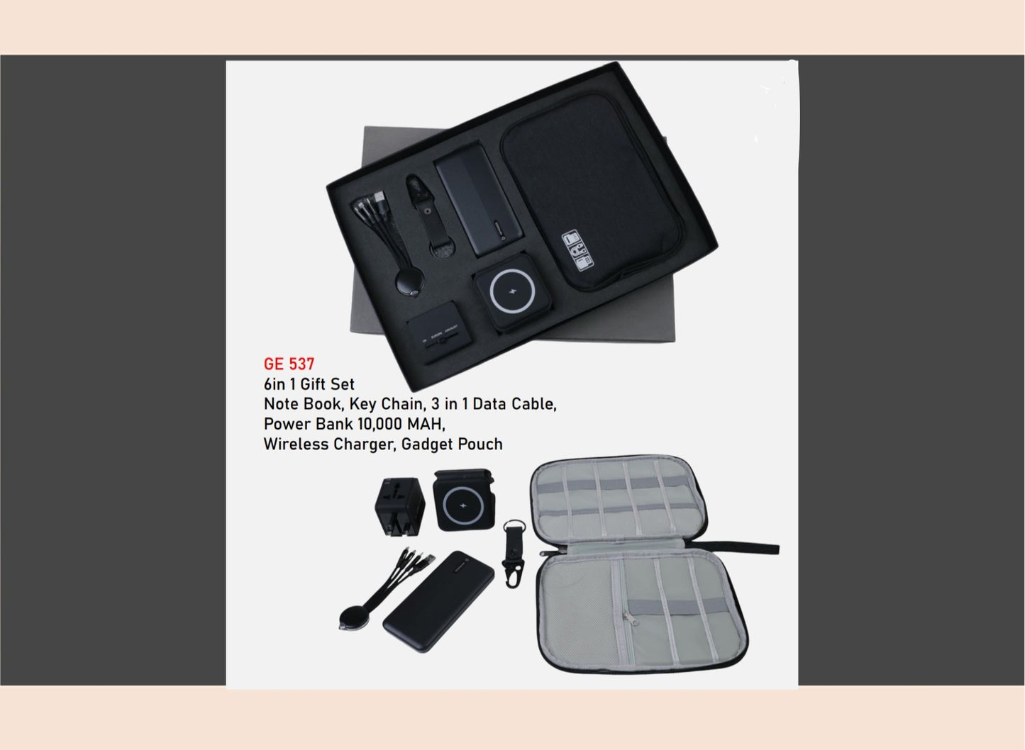 Gift set with accessories including a power bank, wireless charger, and pouch on a white background.