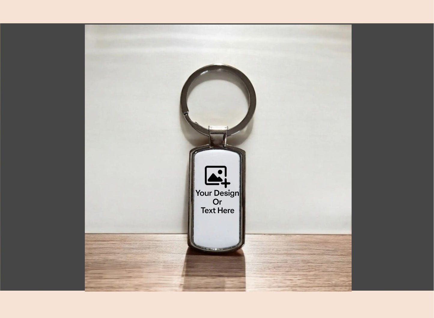 Personalizable keychain with customizable text or design on a wooden surface