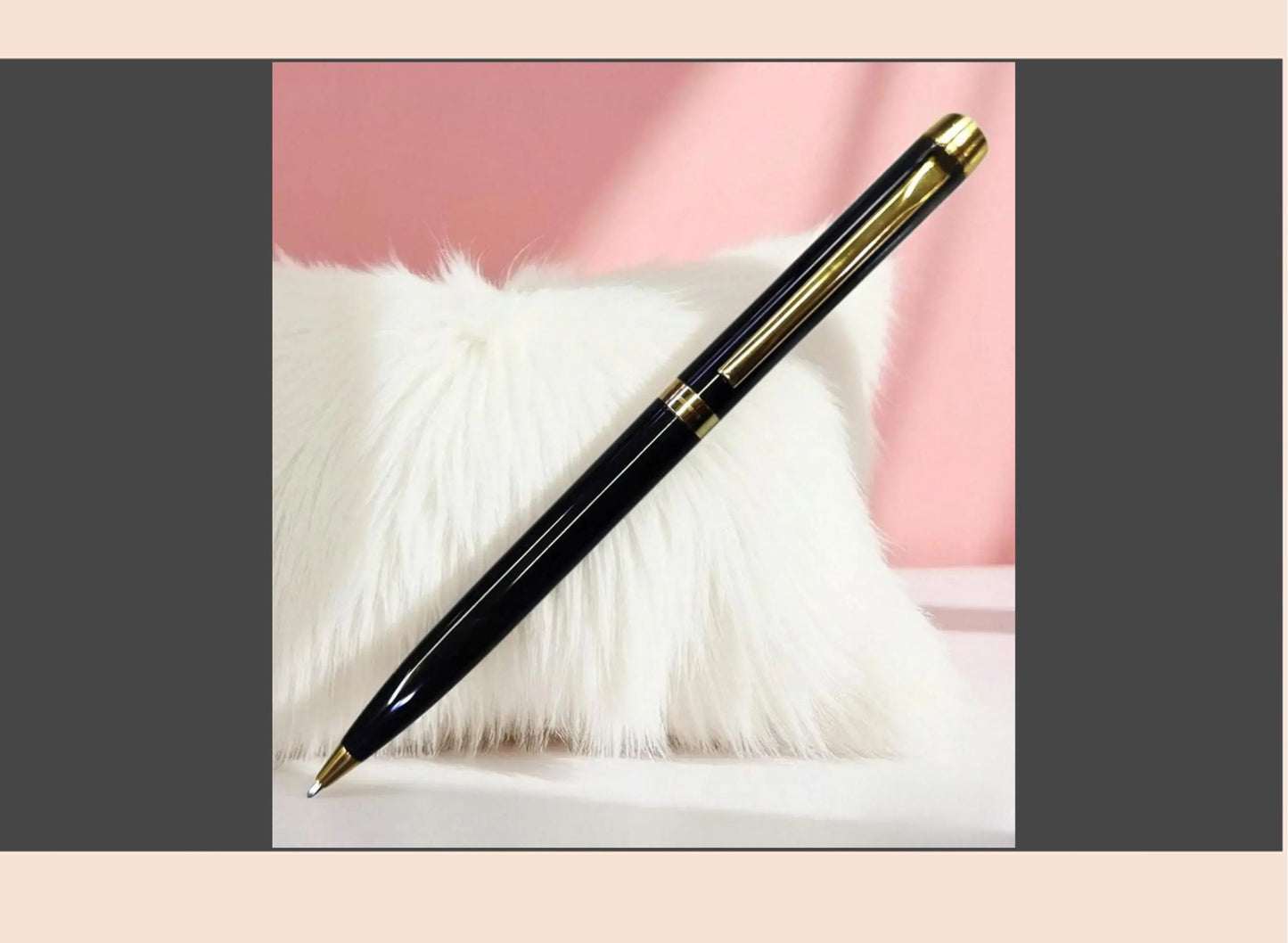 Pen on a white fur surface with a pink background