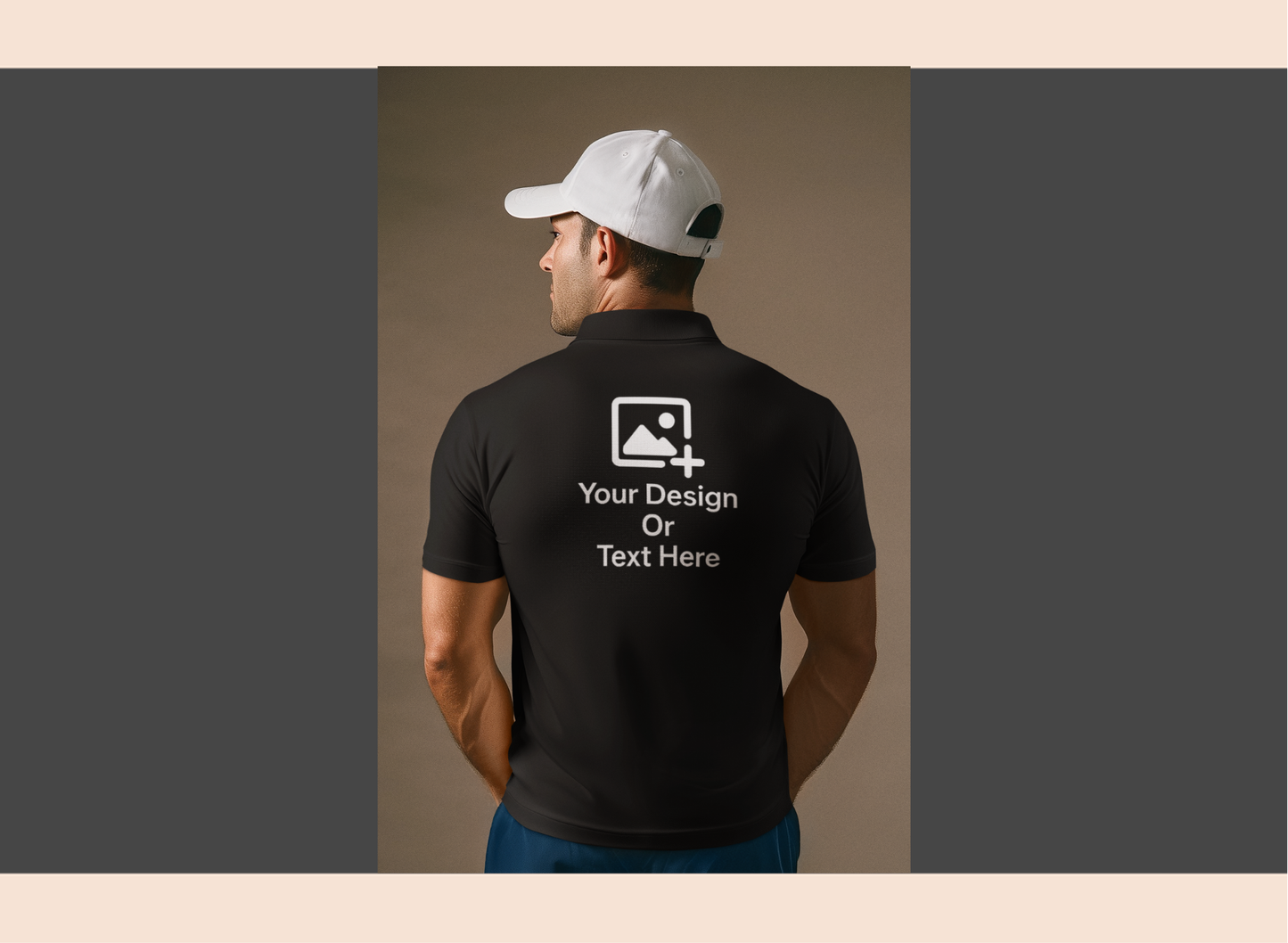 Man wearing a black polo shirt with customizable text and design area on the back.