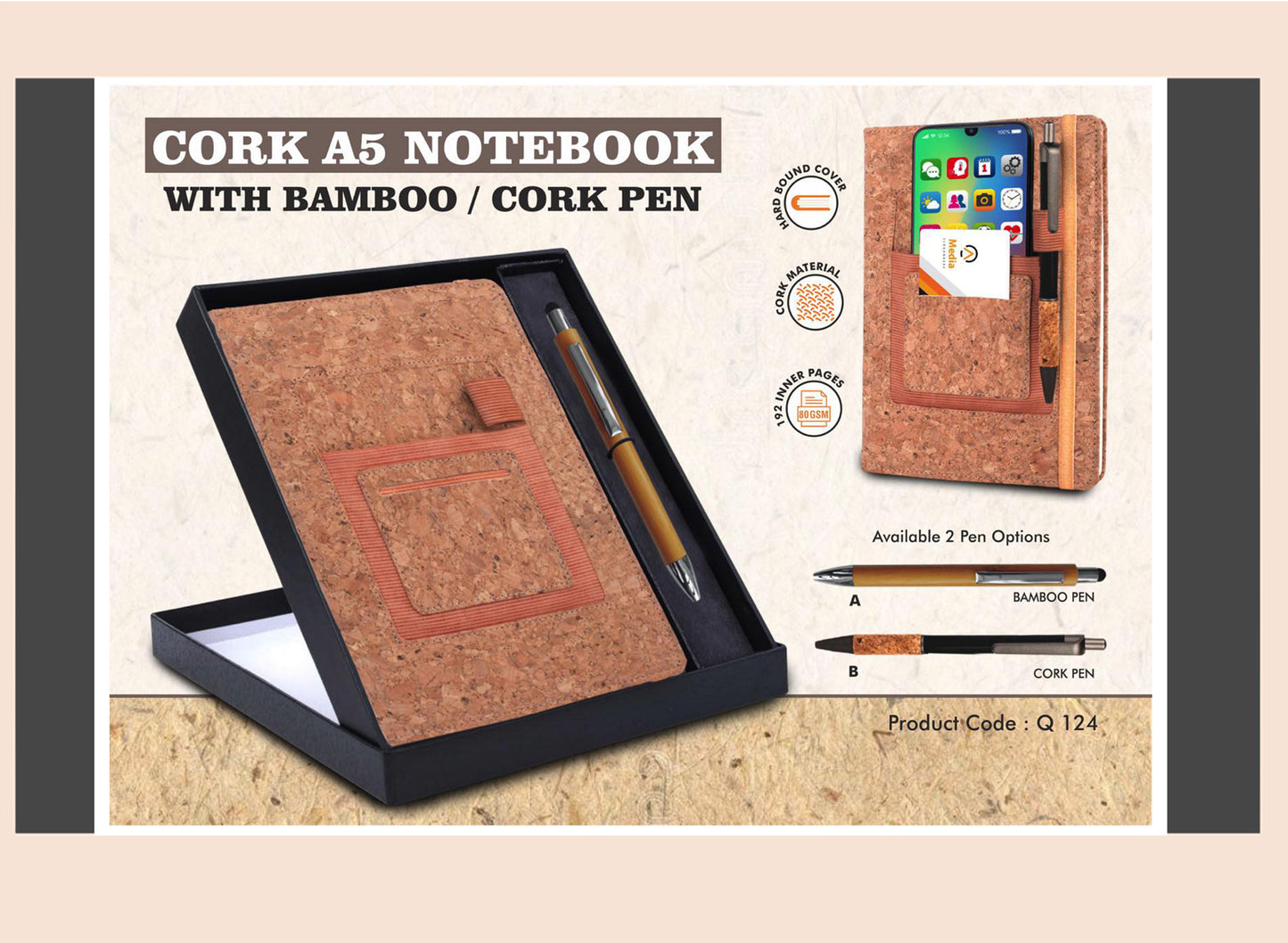 Cork A5 notebook with bamboo pen and cork pen in packaging on a beige background
