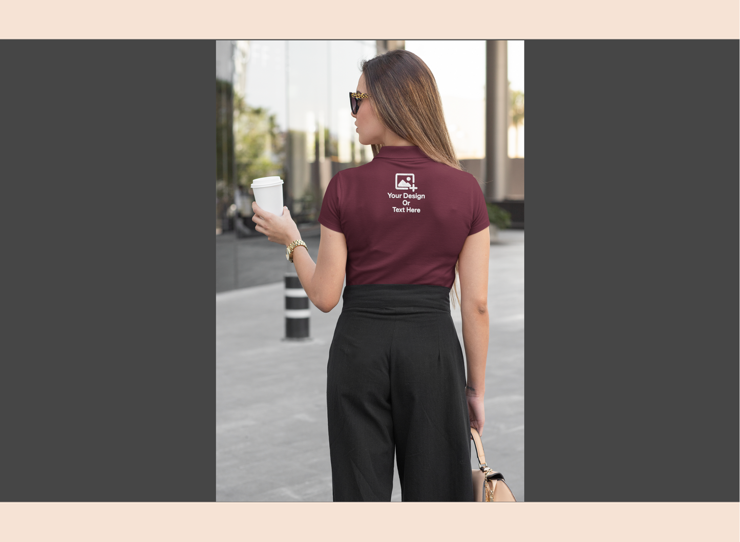 Woman holding a coffee cup on a city street with a customizable t-shirt.