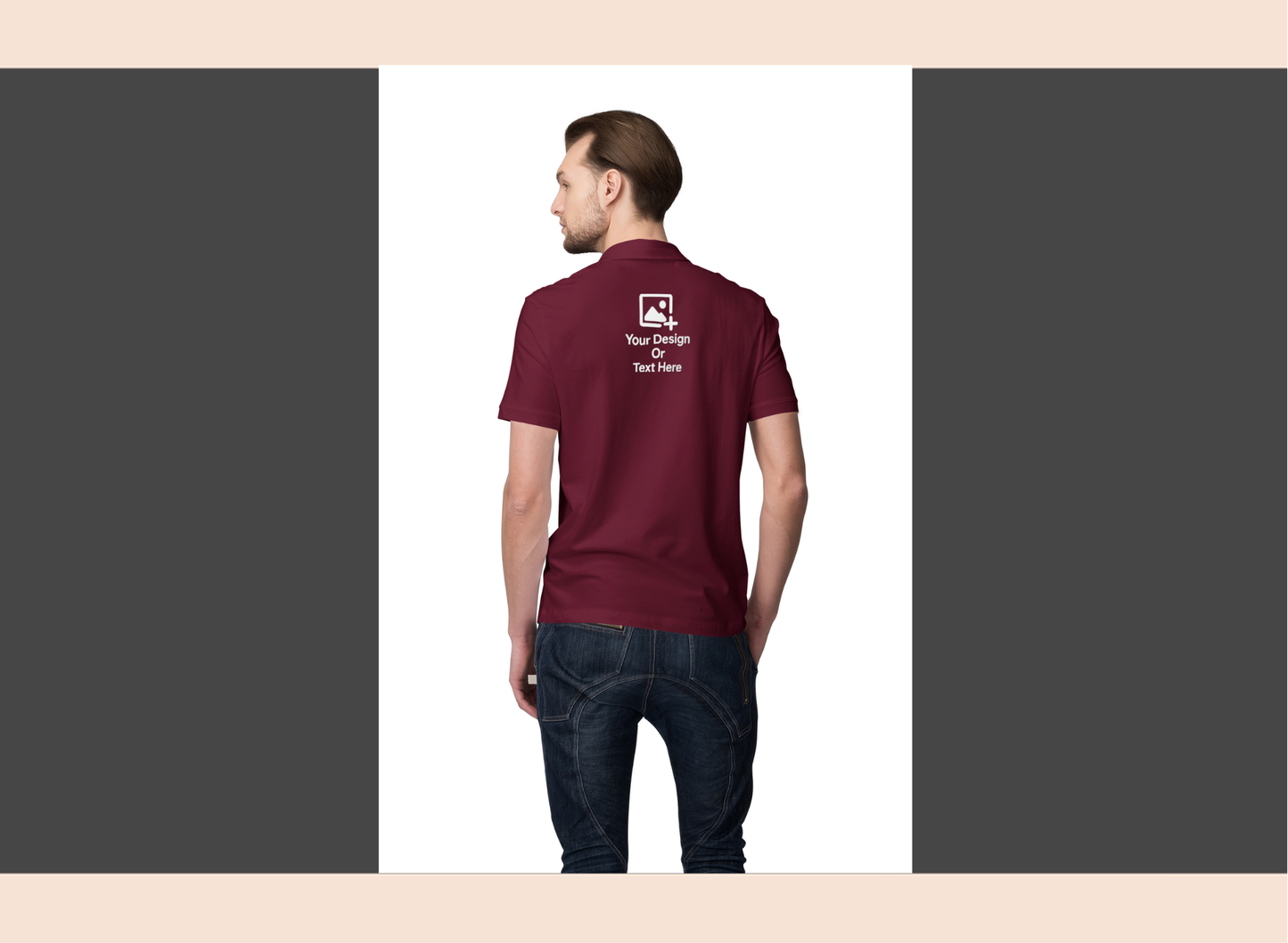 Man wearing a maroon polo shirt with a logo on the back, standing against a plain background.
