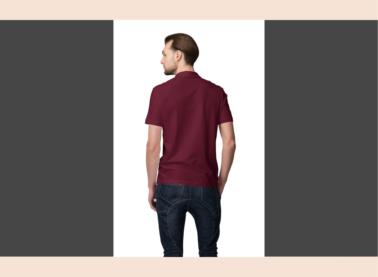 Man wearing a maroon polo shirt and dark jeans on a white background