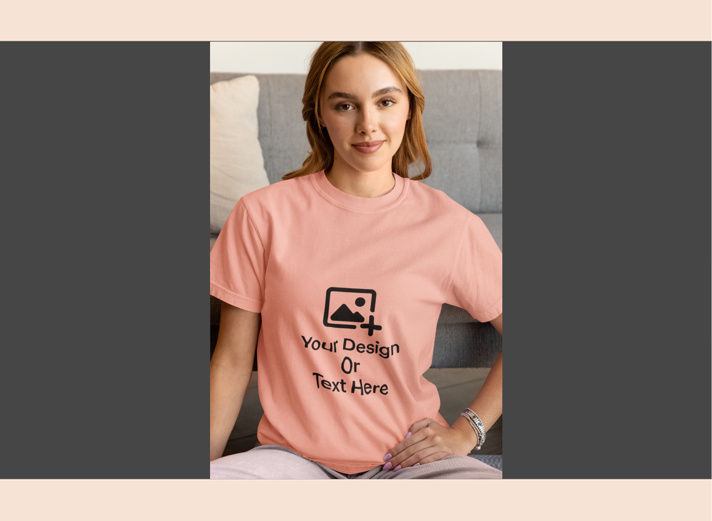 Woman wearing a pink t-shirt with customizable design placeholder text.