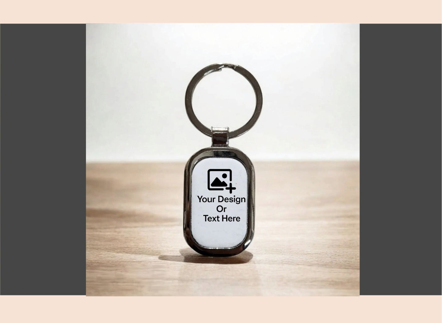 Keychain with customizable text and design area on a wooden surface