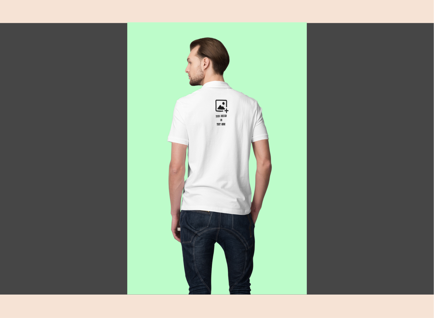Man wearing a white t-shirt with a logo on the back against a green background