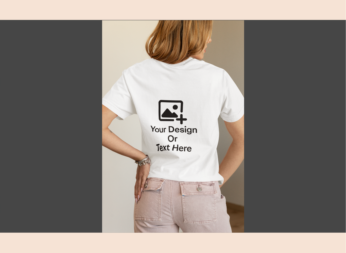 White t-shirt with customizable design area on a person wearing it.