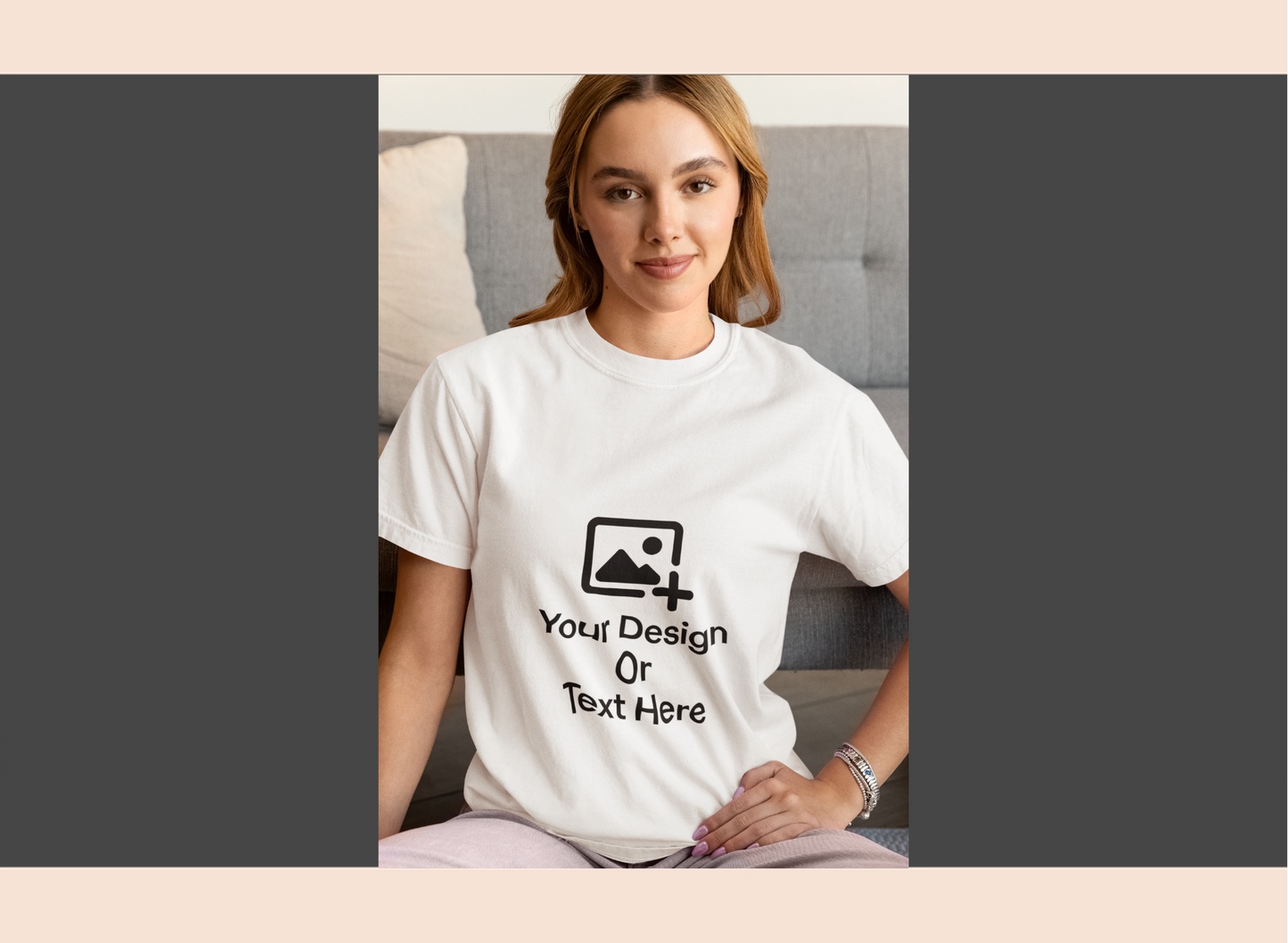 Woman wearing a white t-shirt with customizable design placeholder text.