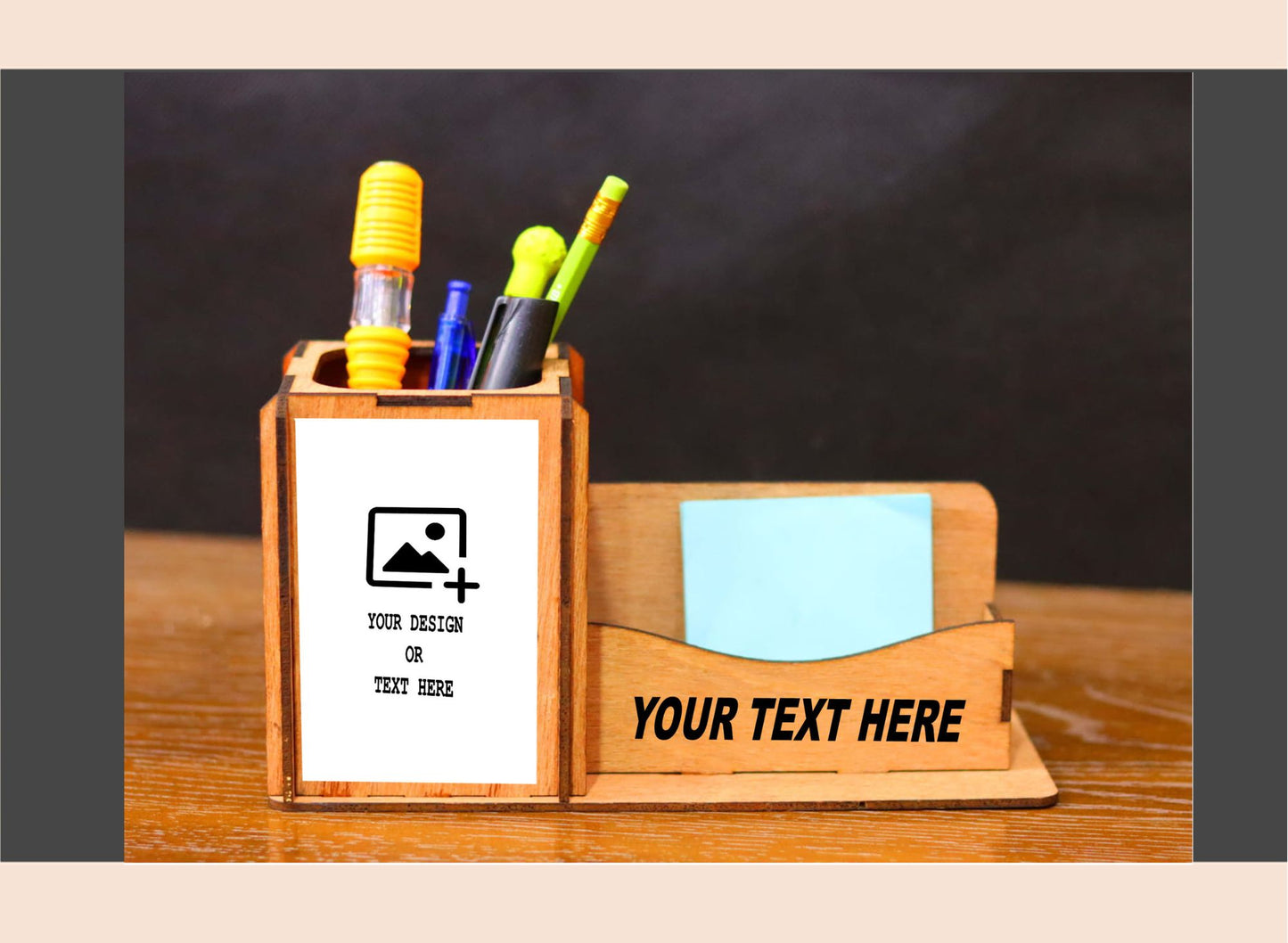 Wooden desk organizer with stationery items on a wooden surface