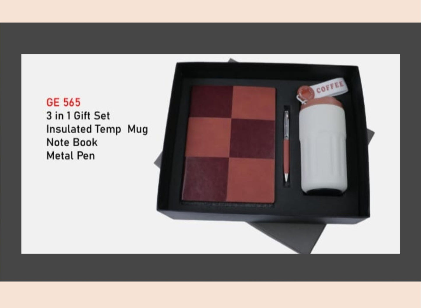 3-in-1 gift set with insulated temp mug, checkered notebook, metal pen, and coffee-themed item.
