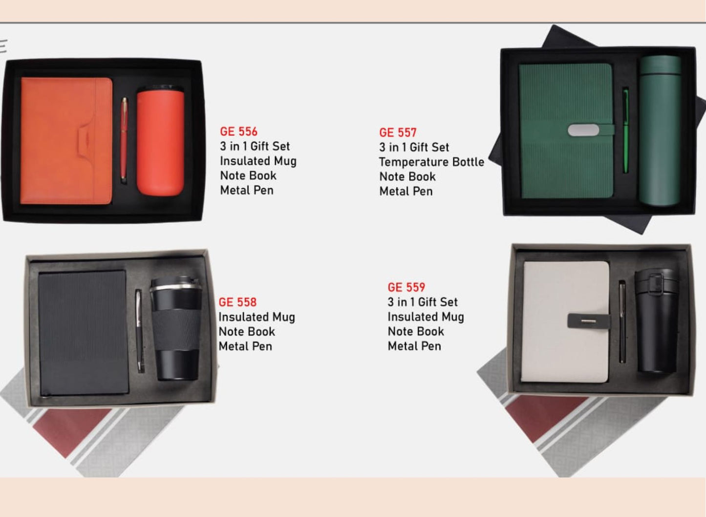 Set of 4 gift sets with insulated mug, note book, and metal pen on a beige background