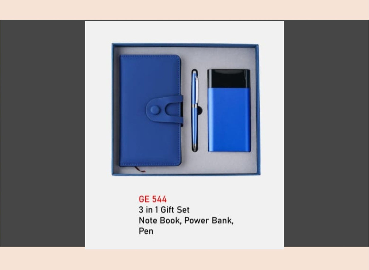 3-in-1 gift set with a blue notebook, power bank, and pen on a white background.
