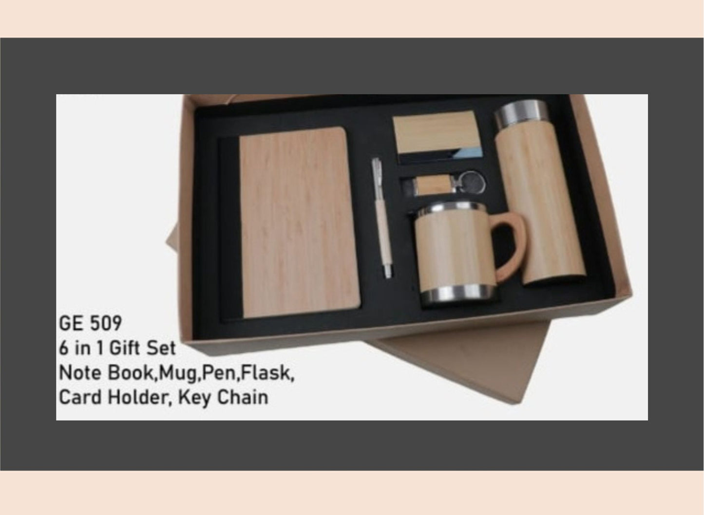 6-in-1 gift set with a notebook, mug, pen, flask, card holder, and key chain in a box.