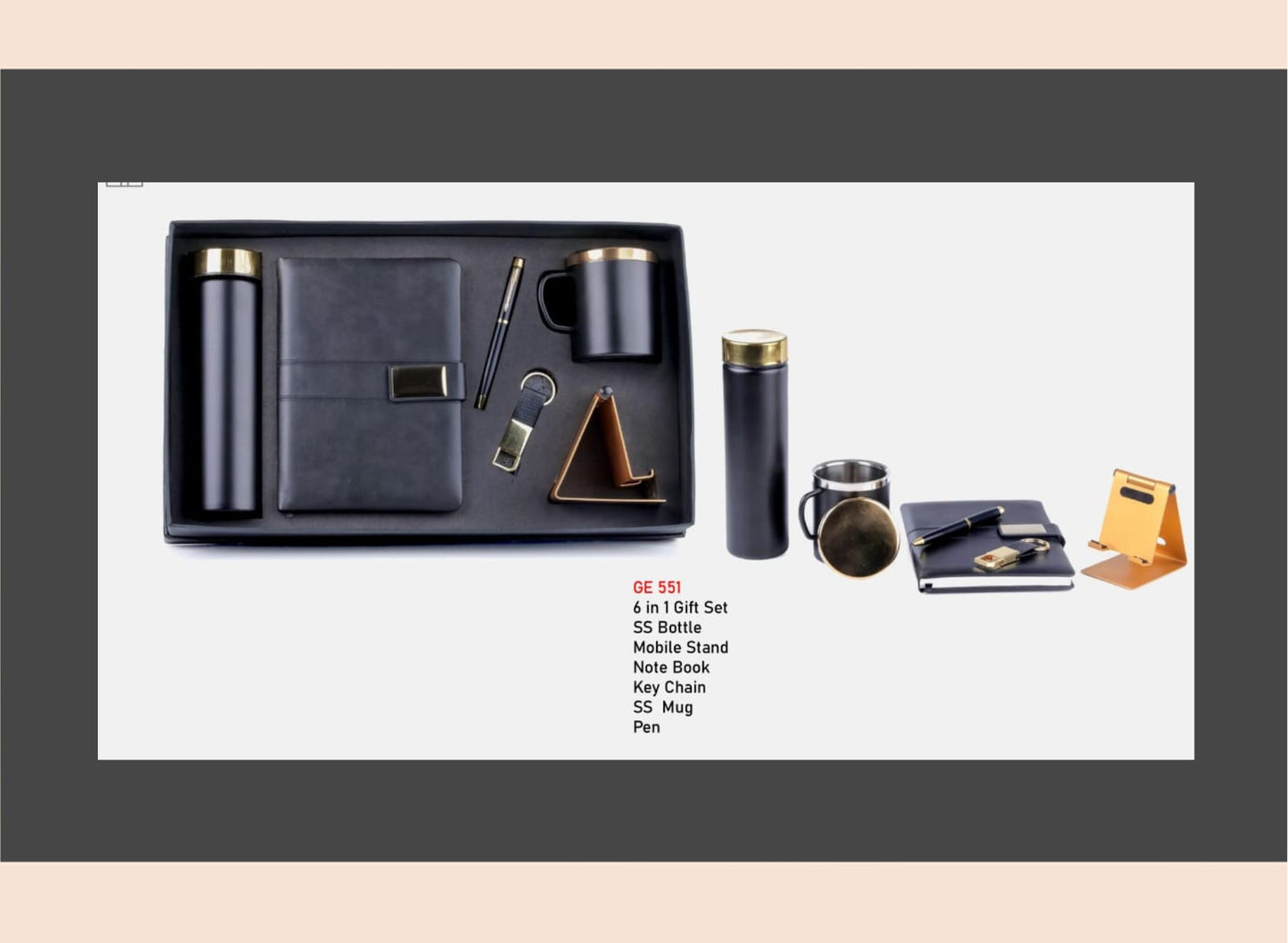 Collection of office supplies including a black leather-bound notebook, pen, mug, and other items on a white background.