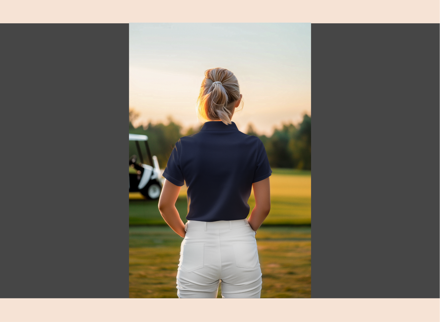 Person in golf attire standing on a golf course with a golf cart in the background