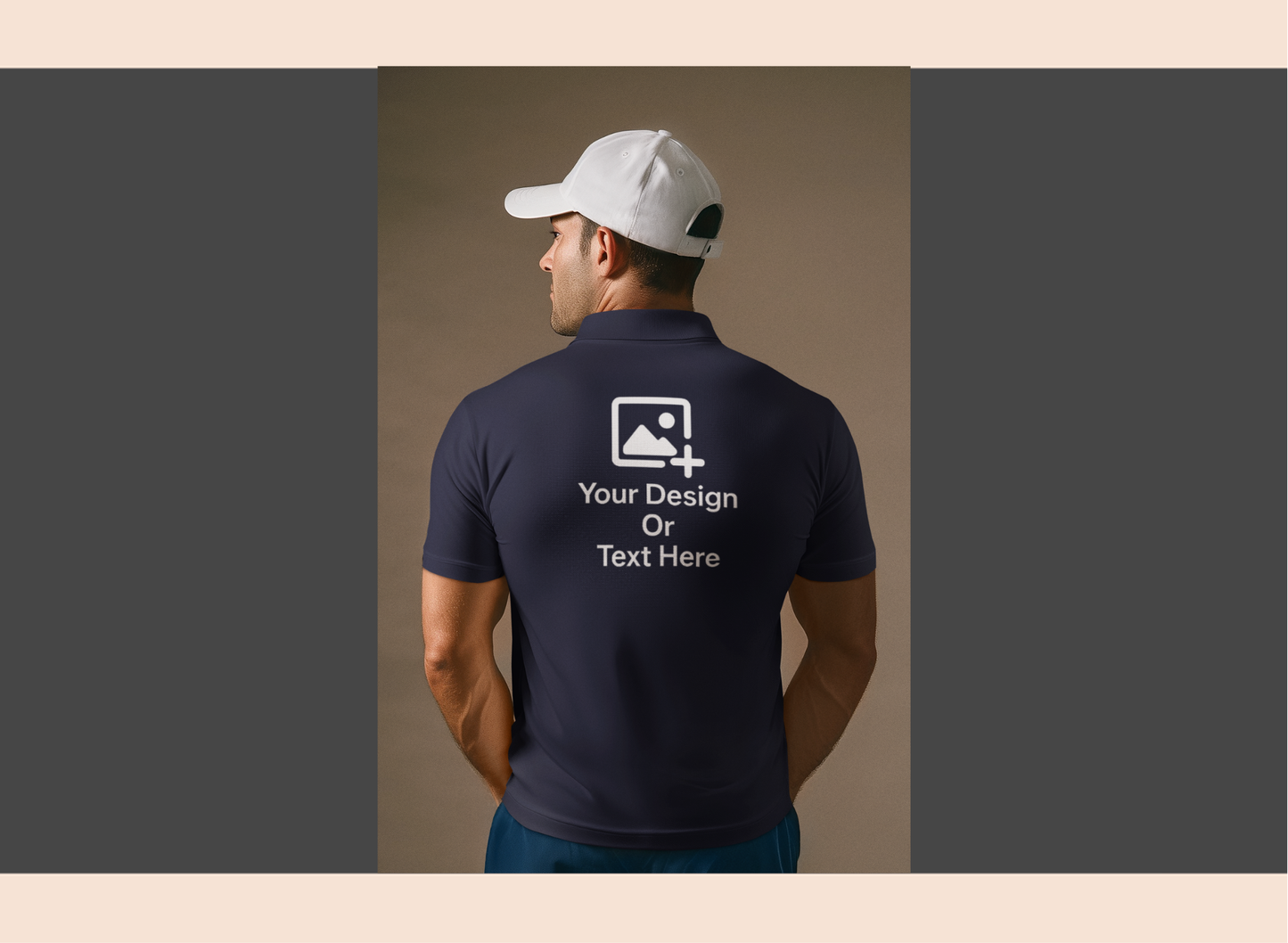 Man wearing a navy blue polo shirt with customizable text and design area on the back, against a neutral background.