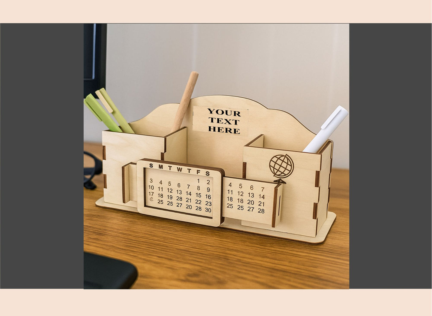 Wooden desk organizer with calendar and text placeholder on a wooden surface.