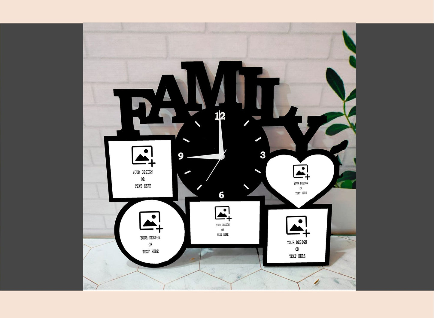 Decorative wall clock with photo frames and 'FAMILY' text on a brick wall background