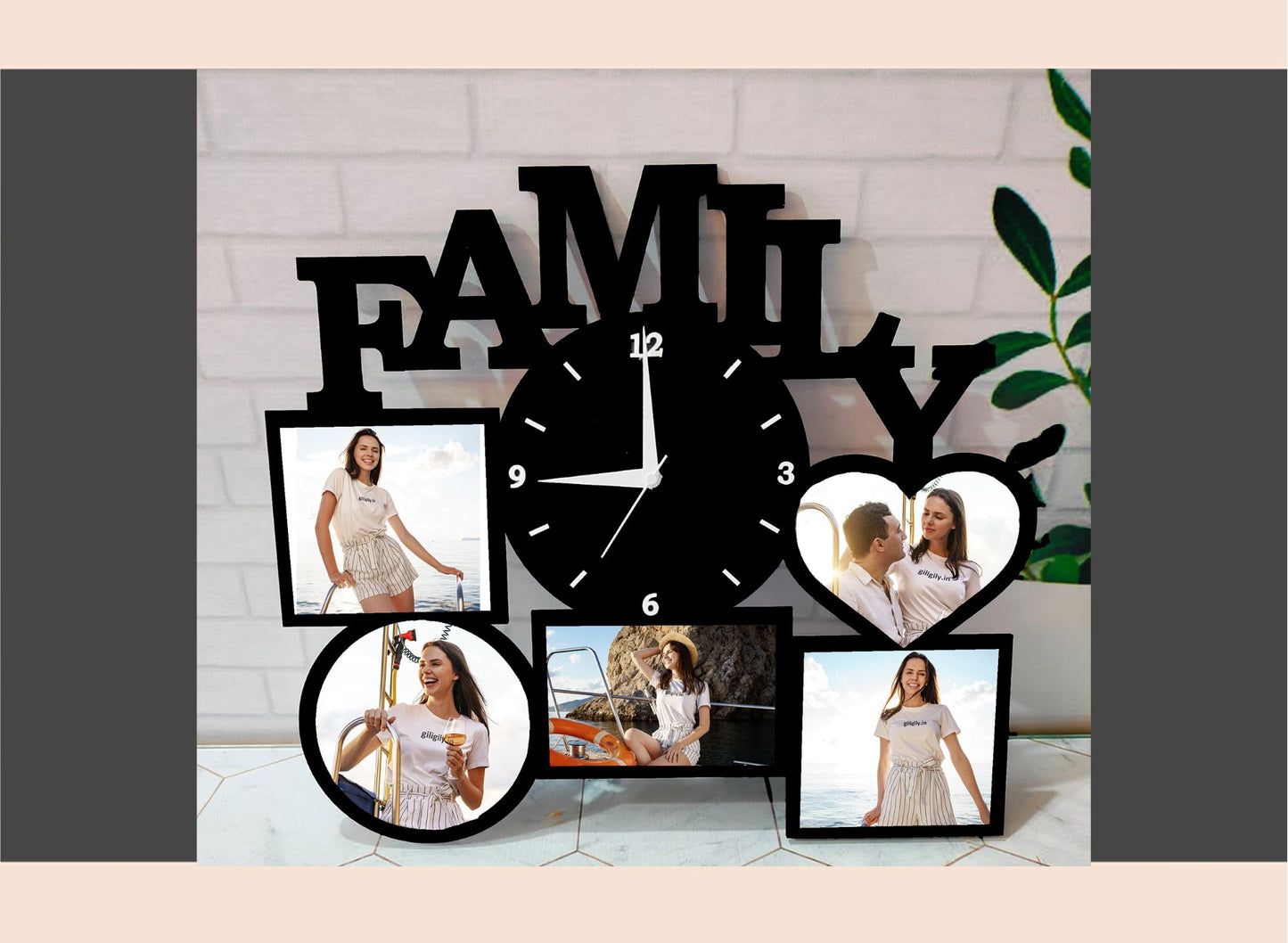 Black family-themed wall clock with photo frames against a white brick wall.