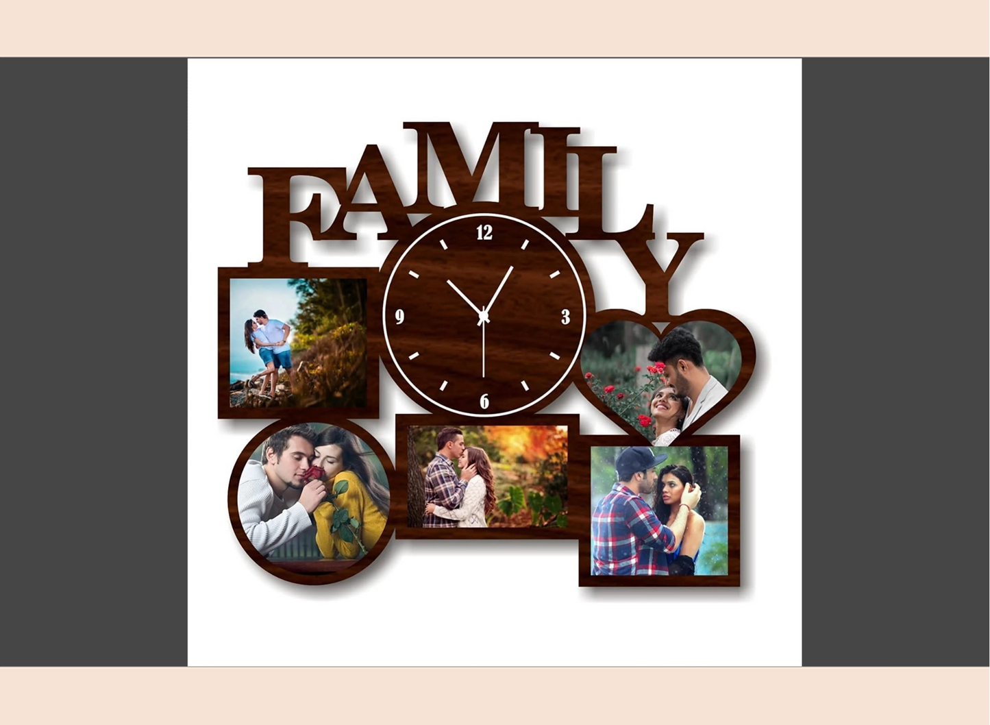 personalized-family-photo-frame-wooden-wall-clock-brown-001