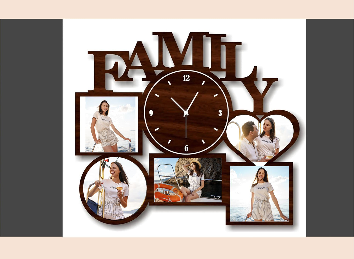 Wooden wall clock with family photos and 'FAMILY' text on a white background