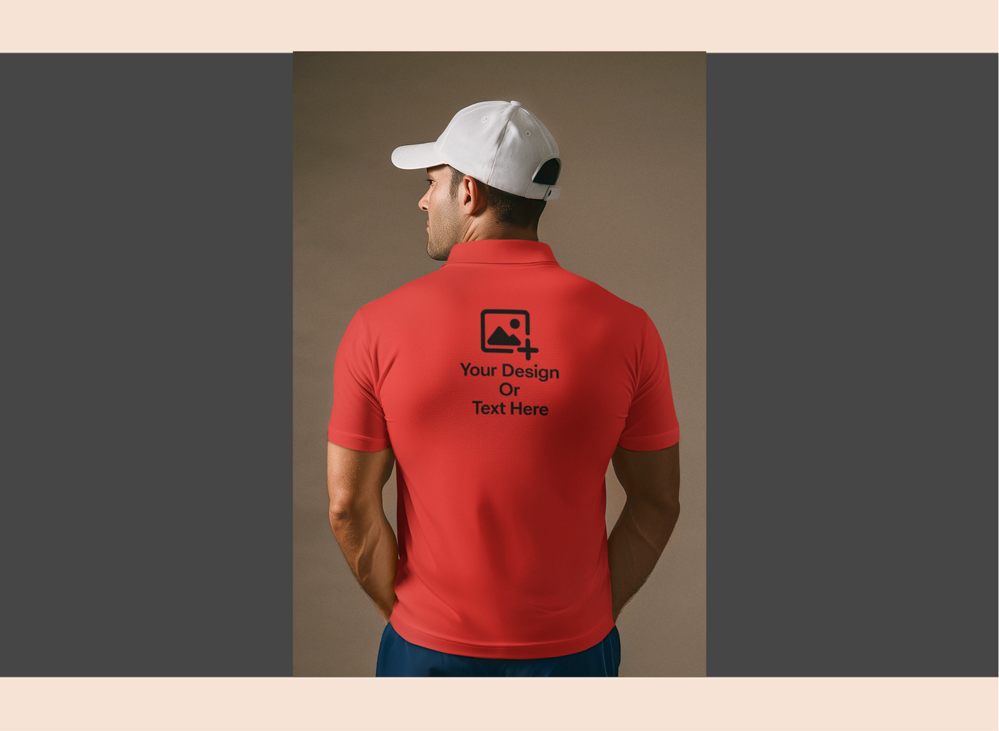 Man wearing a navy blue polo shirt with customizable text and design area on the back, against a neutral background.