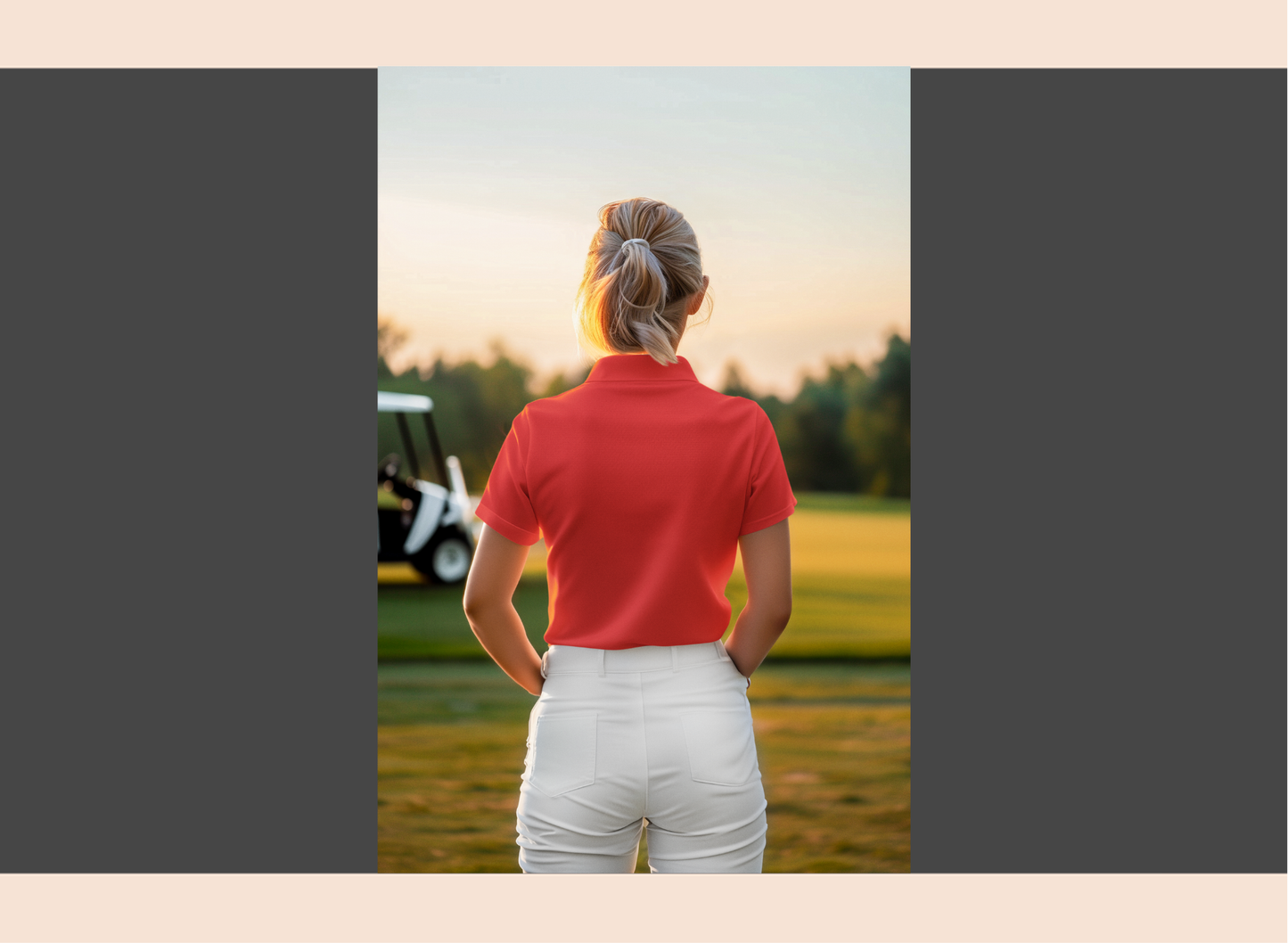 Woman in a red shirt and white pants standing on a golf course with a golf cart in the background.