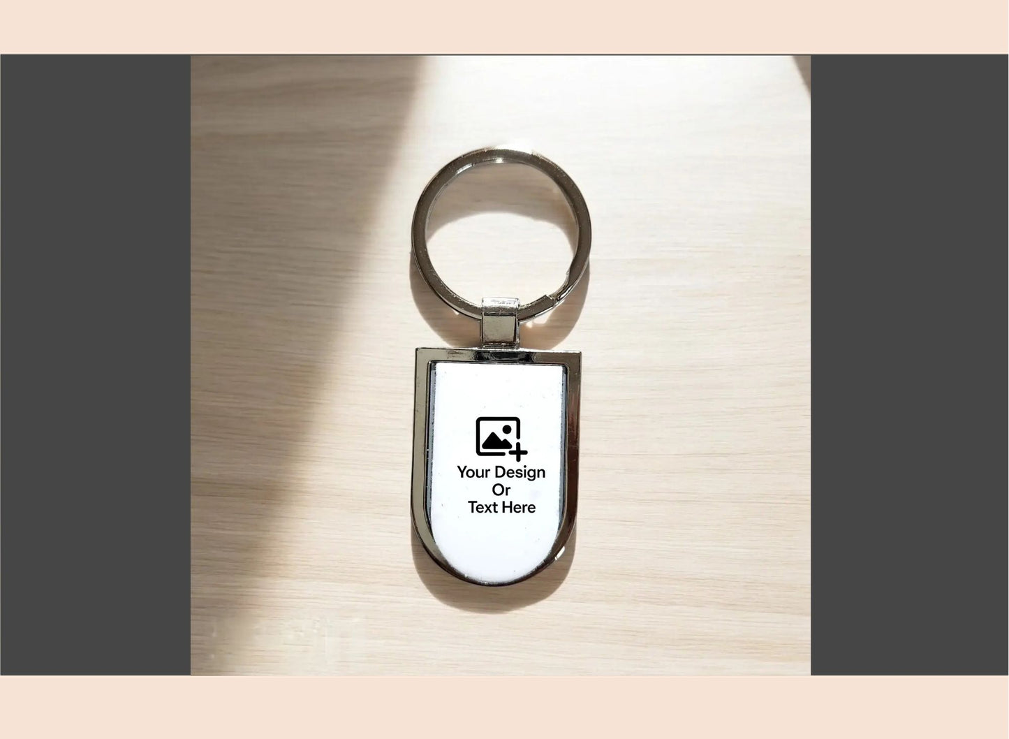Personalizable keychain with customizable text or design area on a wooden surface