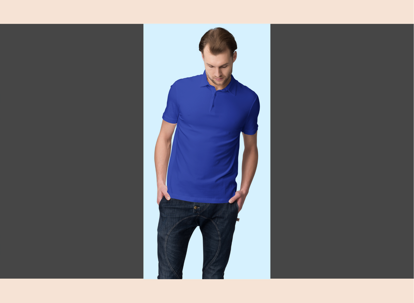 Man wearing a blue polo shirt and dark jeans on a light blue background