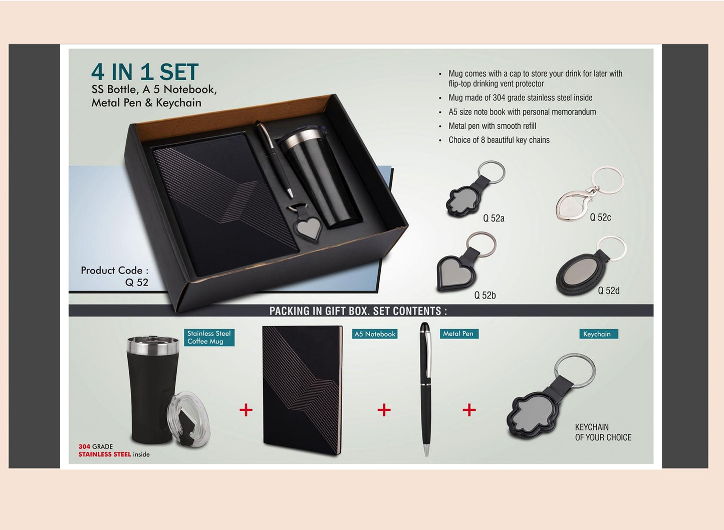 4-in-1 set packaging with SS bottle, A5 notebook, metal pen, and keychain on a beige background.