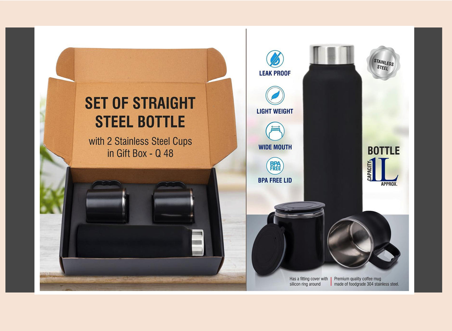 Set of straight steel bottle with two stainless steel cups in a gift box, featuring product details on the right.