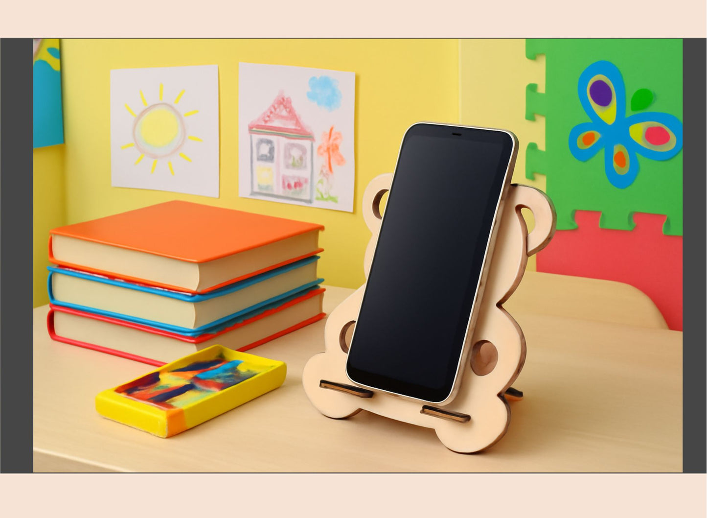 Phone stand with smartphone on a colorful children's desk