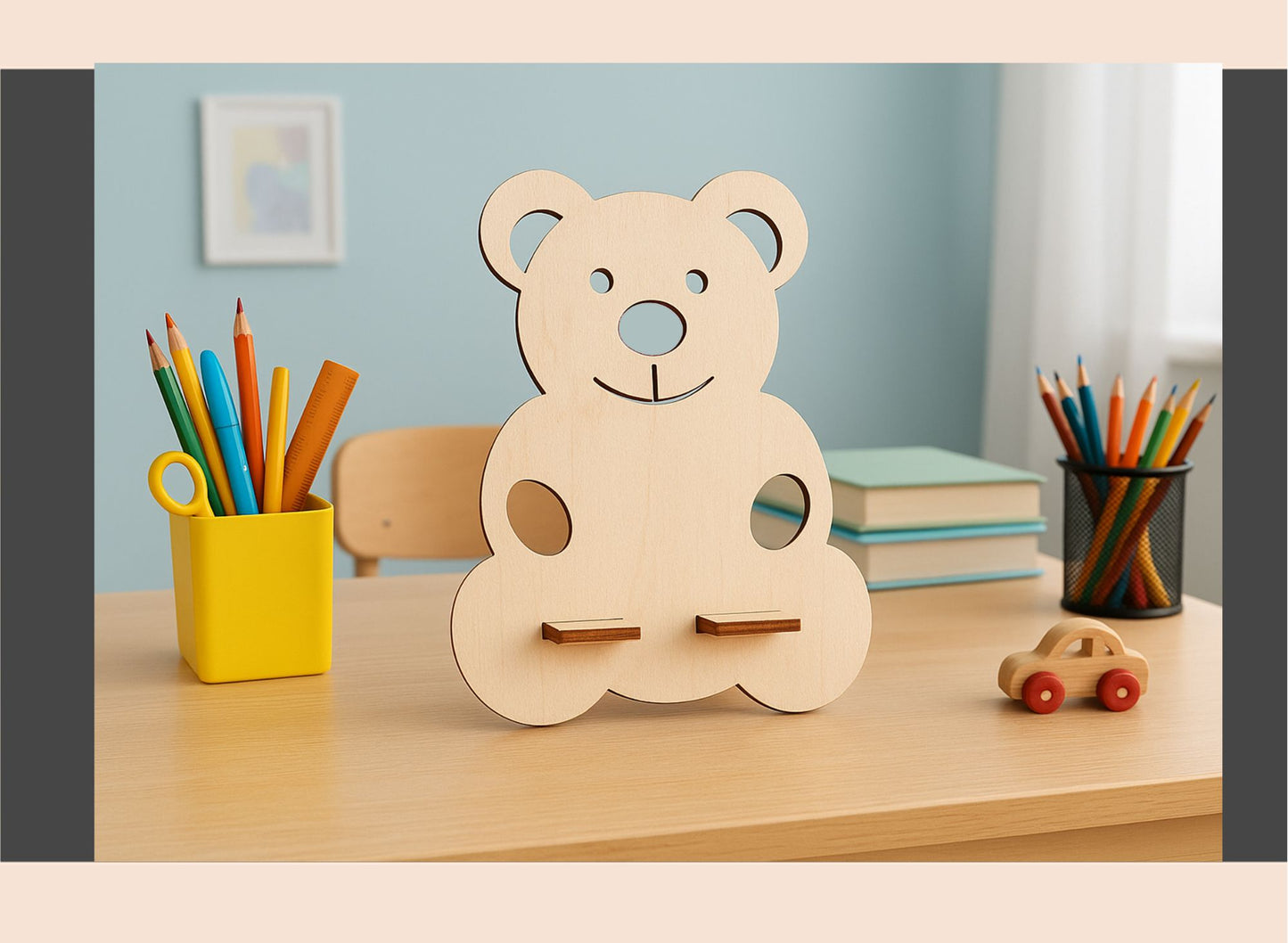 Wooden teddy bear on a desk with colorful pencils and books in the background