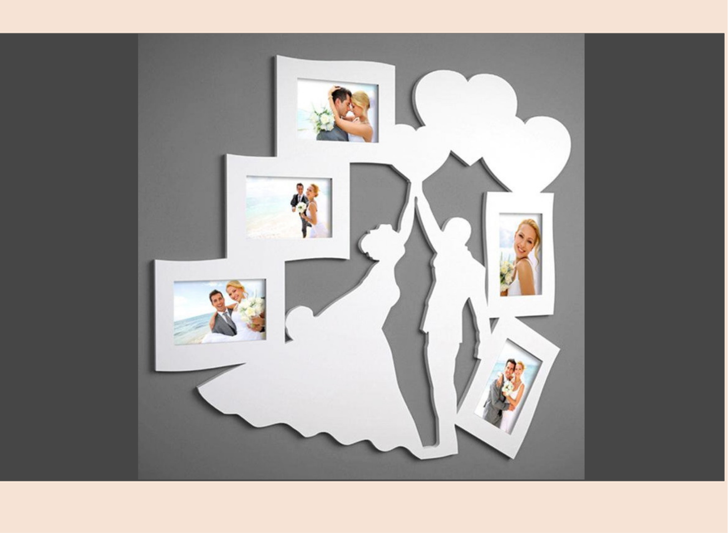 Decorative wall art with silhouette of a bride and groom holding balloons and framed photos.