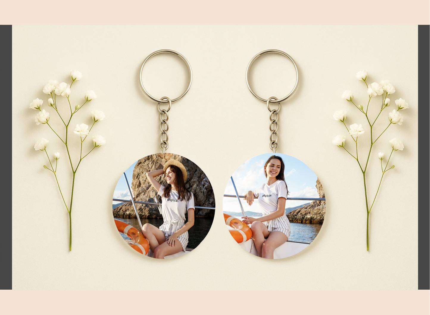 Two keychains with circular photo inserts featuring a woman on a beach.
