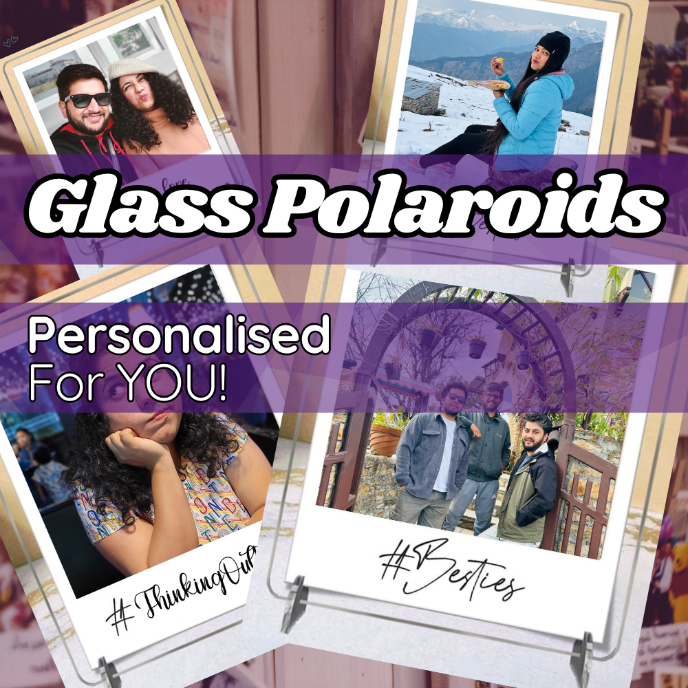 Custom glass Polaroid photo frames with personalized captions and hashtags like #ThinkingOutLoud and #Besties. Ideal for friendship and travel photo gifts.