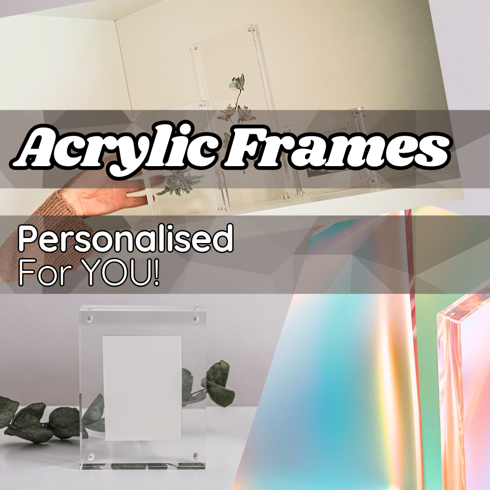 Minimalist clear acrylic photo frames customized with personal images. Modern tabletop décor for homes and offices. High-quality UV printed frames for gifting.