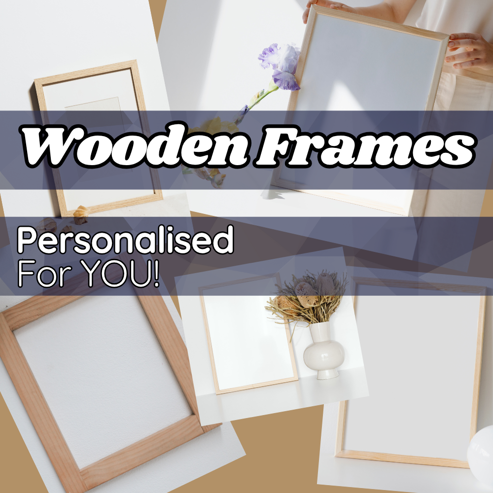 Customized wooden photo frames with names and quotes. Natural, matte-finish frames ideal for gifting on birthdays, weddings, and anniversaries.