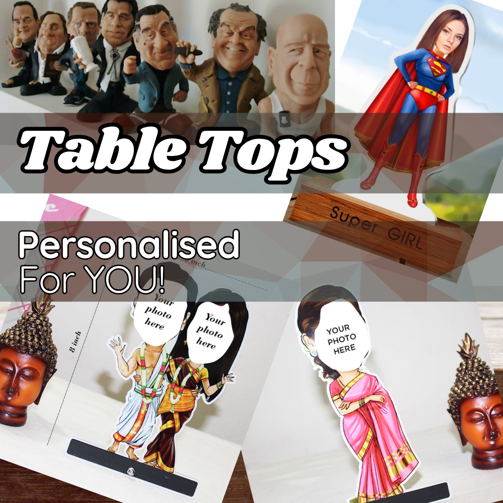 Custom table top photo stands and caricature cutouts. Personalized desk decor with names, photos, and quotes. Perfect mini gifts for farewells and birthdays.