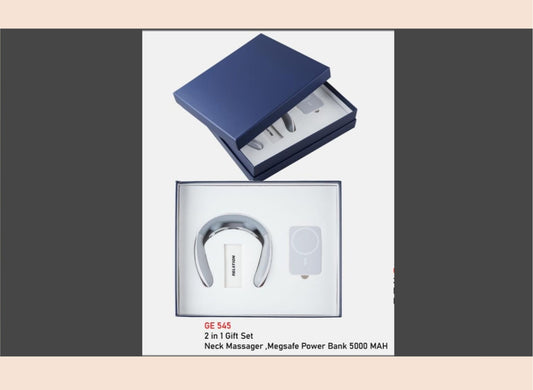 Gift set with neck massager and power bank in a blue box on a white background