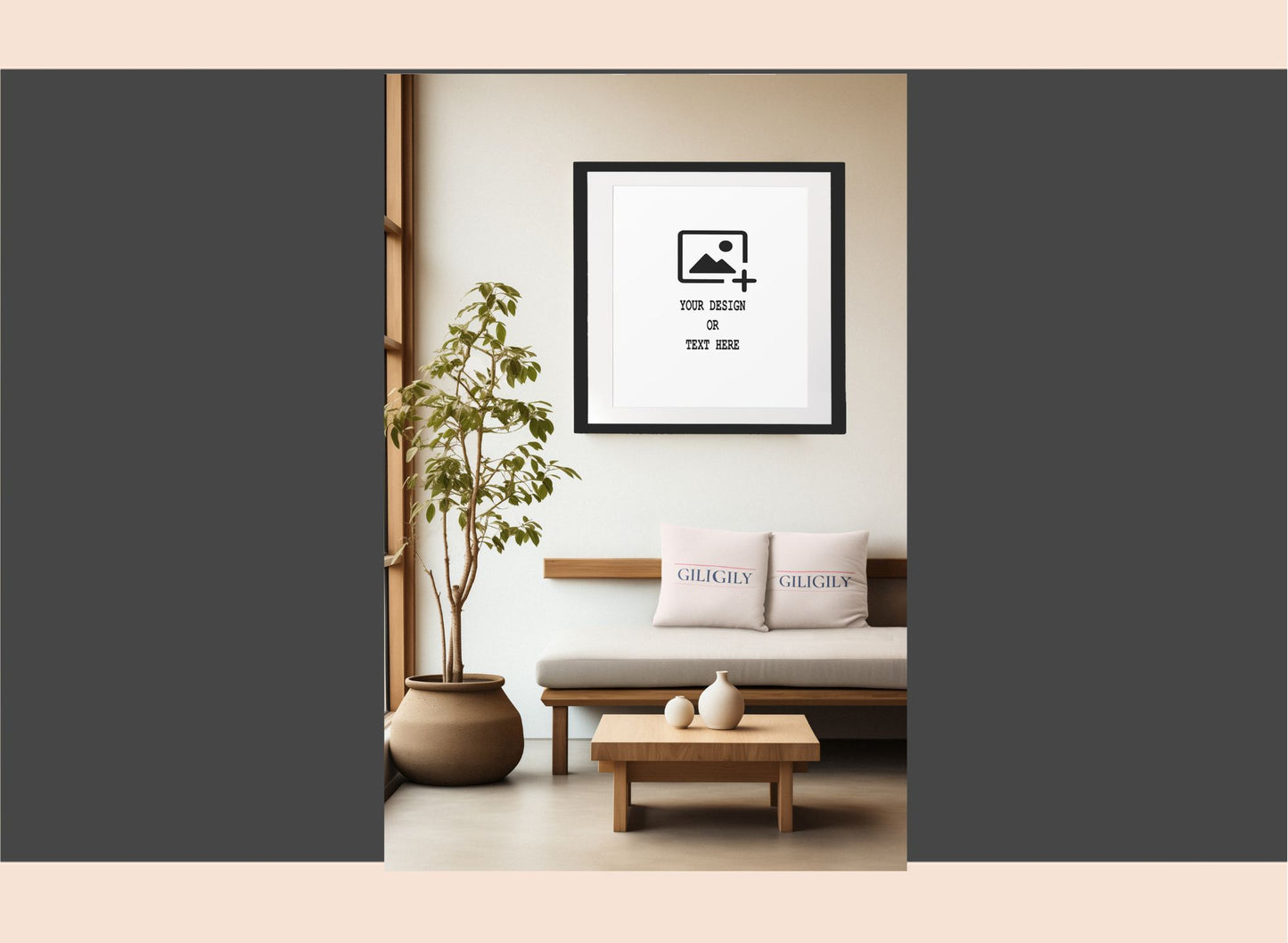 Modern living room with a sofa, coffee table, and decorative items.