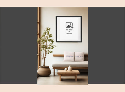 Modern living room with a sofa, coffee table, and decorative items.