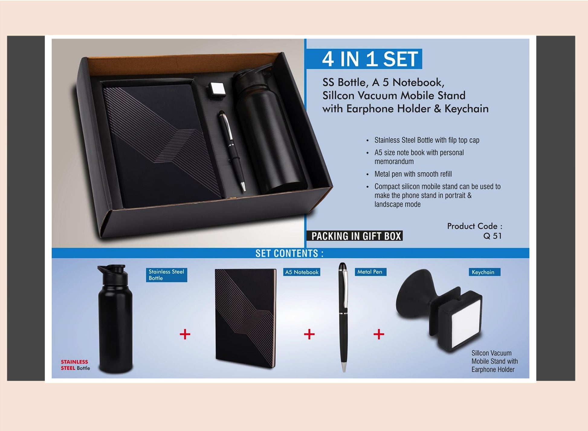 4-in-1 set packaging with SS bottle, A5 notebook, mobile stand, and earphone holder on a beige background.