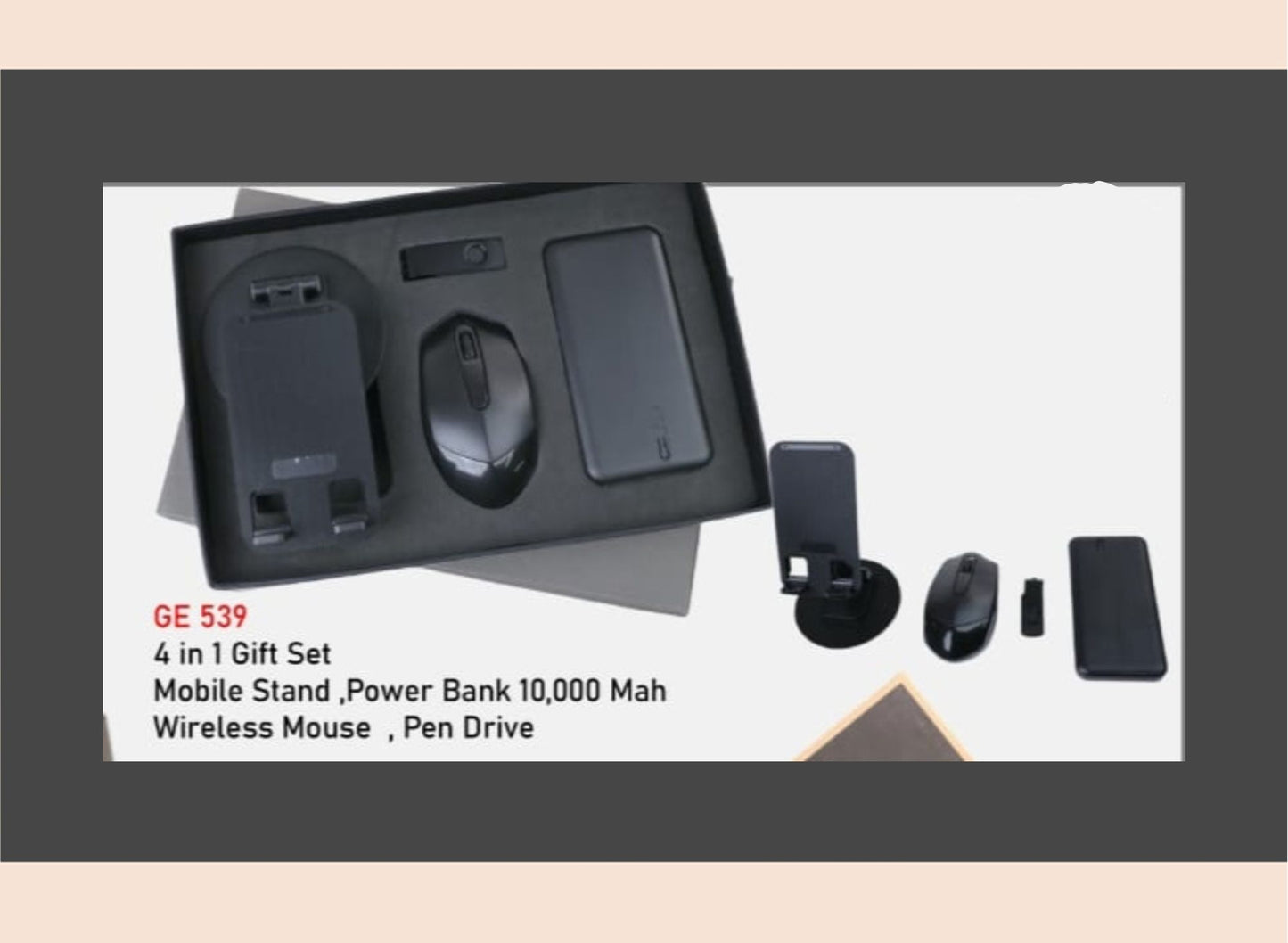 4-in-1 gift set with mobile stand, power bank, wireless mouse, and pen drive on a white background.