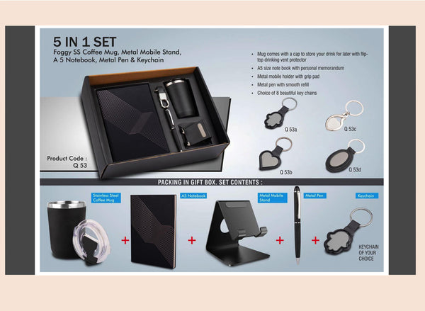 5-in-1 Gift Set with Mug, Mobile Stand, Notebook, Pen & Keychain