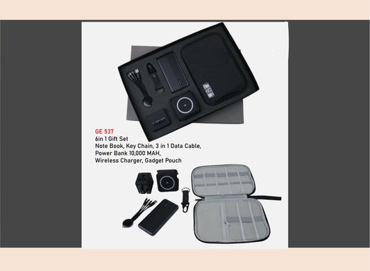 Gift set with accessories including a power bank, wireless charger, and pouch on a white background.