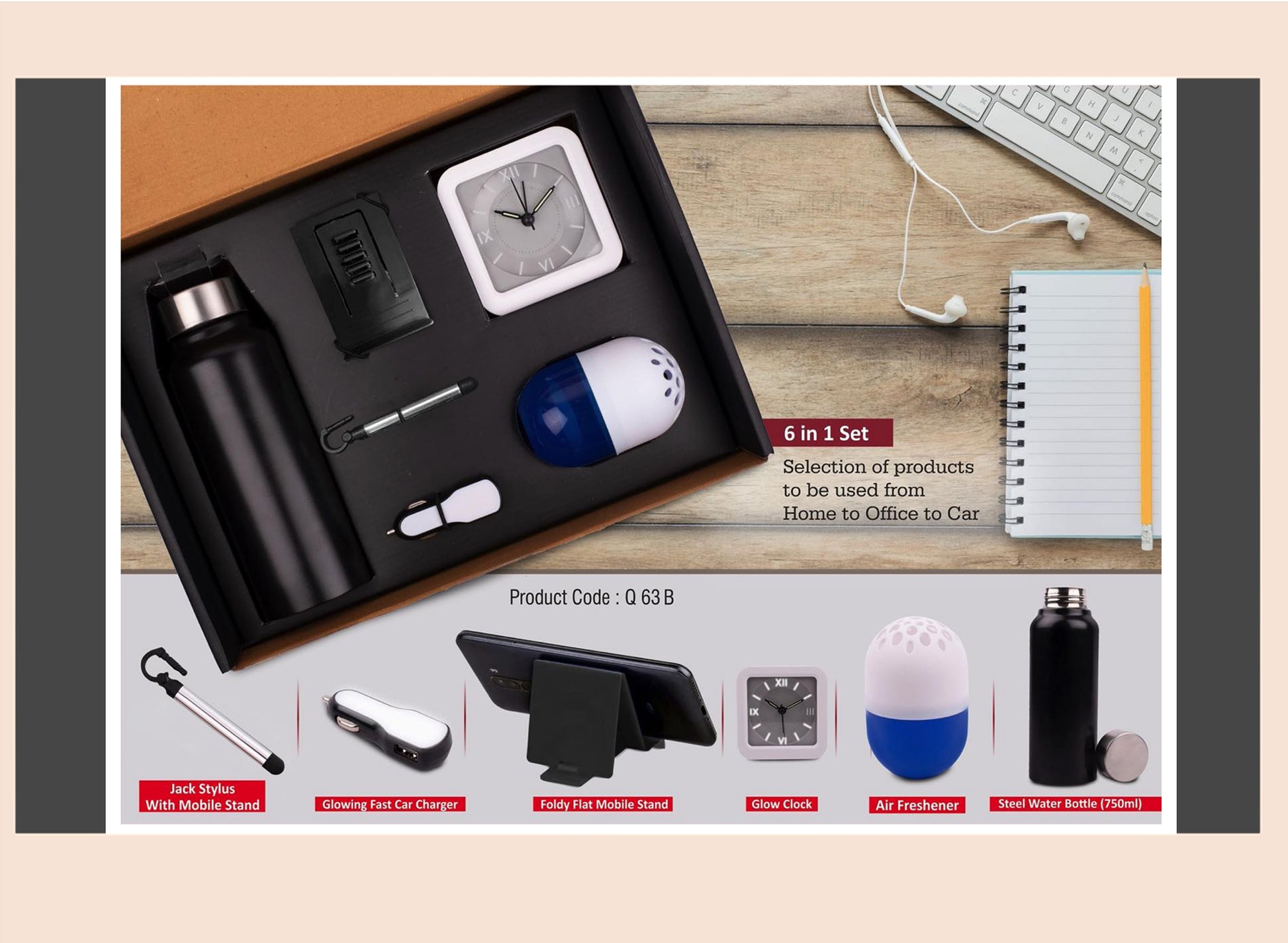 Set of office and travel accessories including a water bottle, mouse, and clock on a wooden surface.