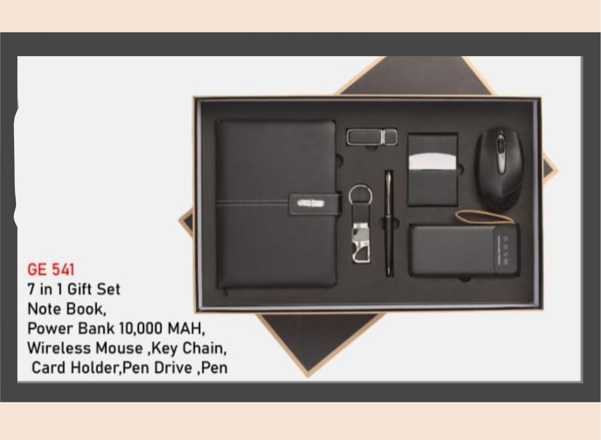 7-in-1 gift set with notebook, power bank, mouse, keychain, card holder, pen drive, and pen in a box.
