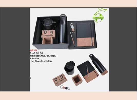Set of office supplies including a notebook, mug, pen, flask, and keychain on a white background.